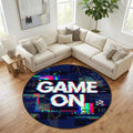 Game On Gaming Round Rug, Glitch Neon Gamer Carpet for Boys Room