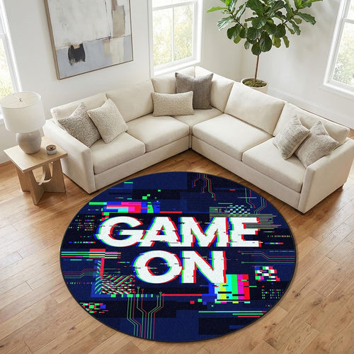 Game On Gaming Round Rug, Glitch Neon Gamer Carpet for Boys Room
