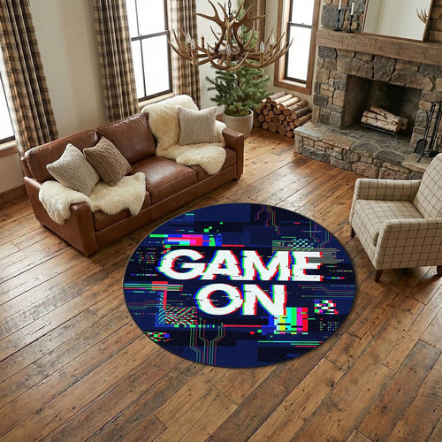 Game On Gaming Round Rug, Glitch Neon Gamer Carpet for Boys Room