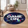 Game On Gaming Round Rug, Glitch Neon Gamer Carpet for Boys Room