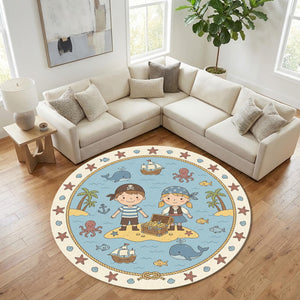 Pirate Adventure Kids Round Rug Treasure Island Nursery Carpet