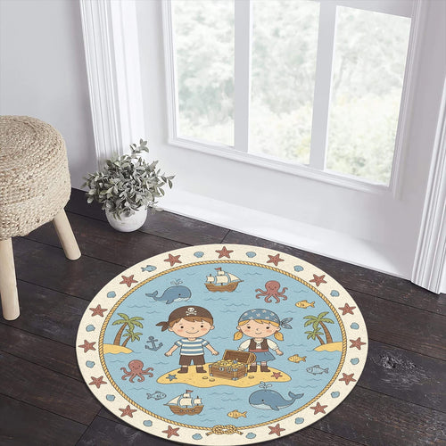 Pirate Adventure Kids Round Rug Treasure Island Nursery Carpet