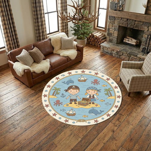 Pirate Adventure Kids Round Rug Treasure Island Nursery Carpet