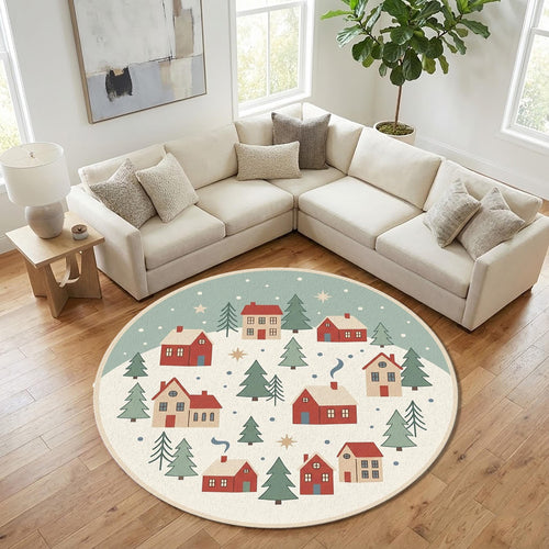 Christmas Village Round Rug Cozy Winter Houses & Pine Trees