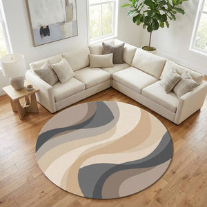 Abstract Neutral Wave Round Rug, Beige Gray Modern Circle Carpet
