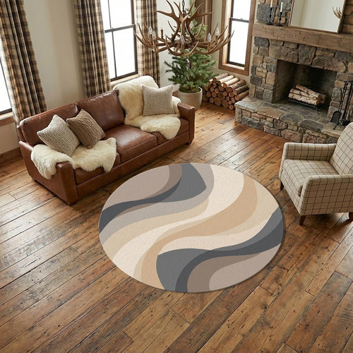 Abstract Neutral Wave Round Rug, Beige Gray Modern Circle Carpet