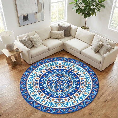 Turkish Tile Round Rug, Blue White Ornamental Mandala Carpet