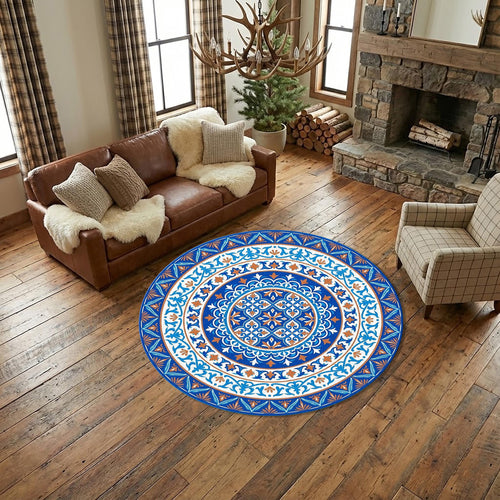 Turkish Tile Round Rug, Blue White Ornamental Mandala Carpet