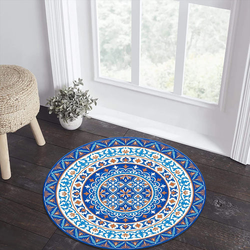 Turkish Tile Round Rug, Blue White Ornamental Mandala Carpet