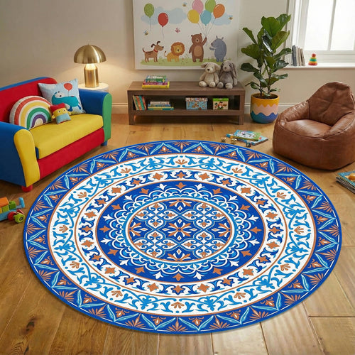 Turkish Tile Round Rug, Blue White Ornamental Mandala Carpet