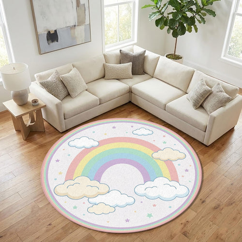 Pastel Rainbow Kids Round Rug, Cute Cloud & Stars Nursery Carpet