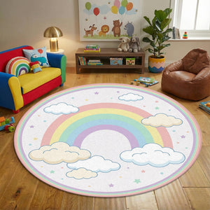 Pastel Rainbow Kids Round Rug, Cute Cloud & Stars Nursery Carpet