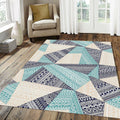 Geometric Tribal Patchwork Rug Navy Aqua Teal Bohemian Abstract
