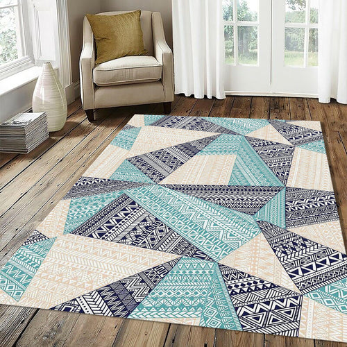Geometric Tribal Patchwork Rug Navy Aqua Teal Bohemian Abstract