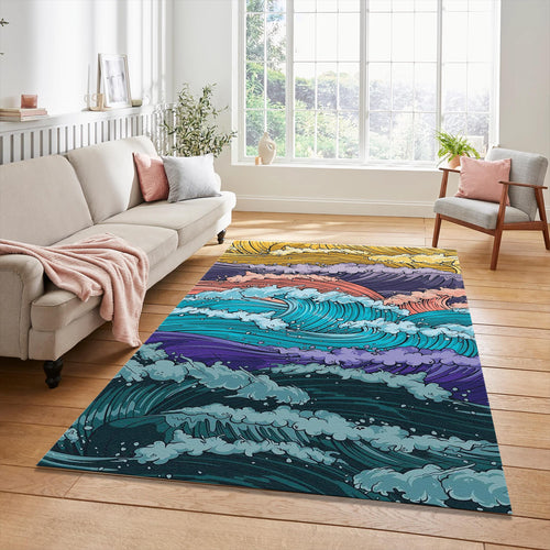 Vibrant Cartoon Ocean Waves Rug Dynamic Blue Purple Sea Art Mat