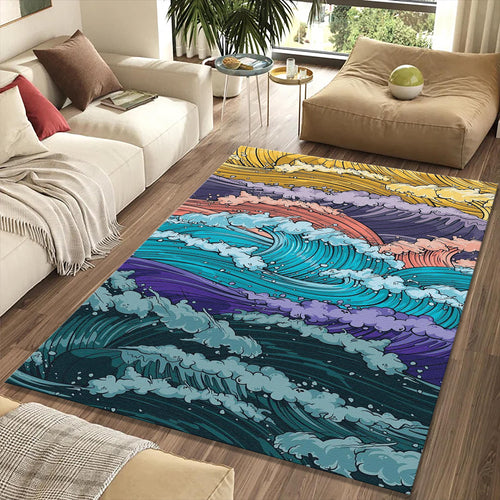 Vibrant Cartoon Ocean Waves Rug Dynamic Blue Purple Sea Art Mat