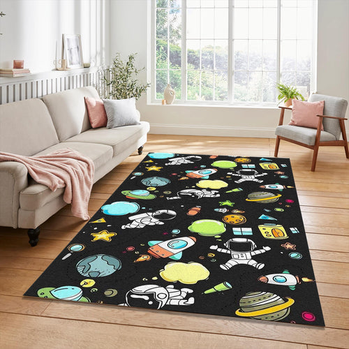 Cute Space Astronaut Doodle Rug Rocket Planets Kids Playroom