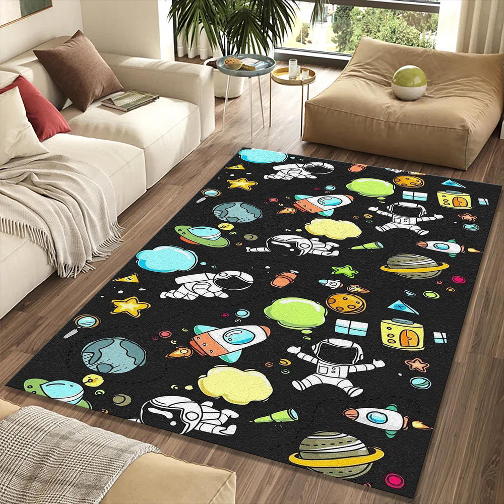 Cute Space Astronaut Doodle Rug Rocket Planets Kids Playroom