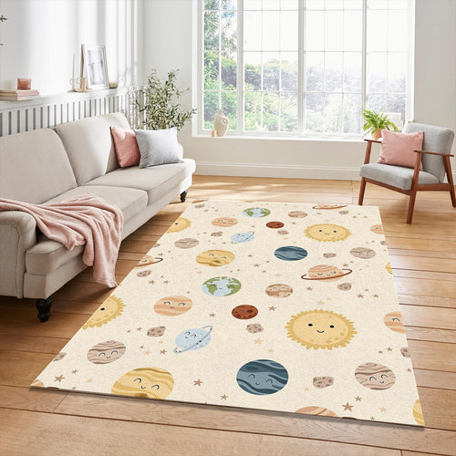 Cute Celestial Planets Pattern Rug Neutral Pastel Space Nursery