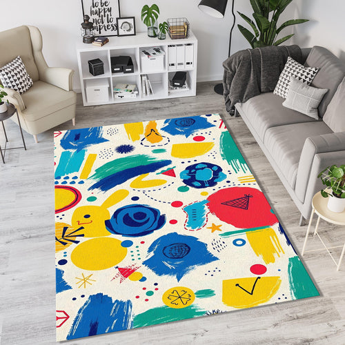 Mid-Century Pop Art Abstract Rug Primary Color Brushstroke Doodle