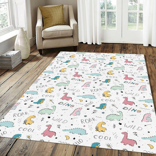 Cute Dinosaur Doodle Pattern Rug Pastel Pink Green Dino Kids