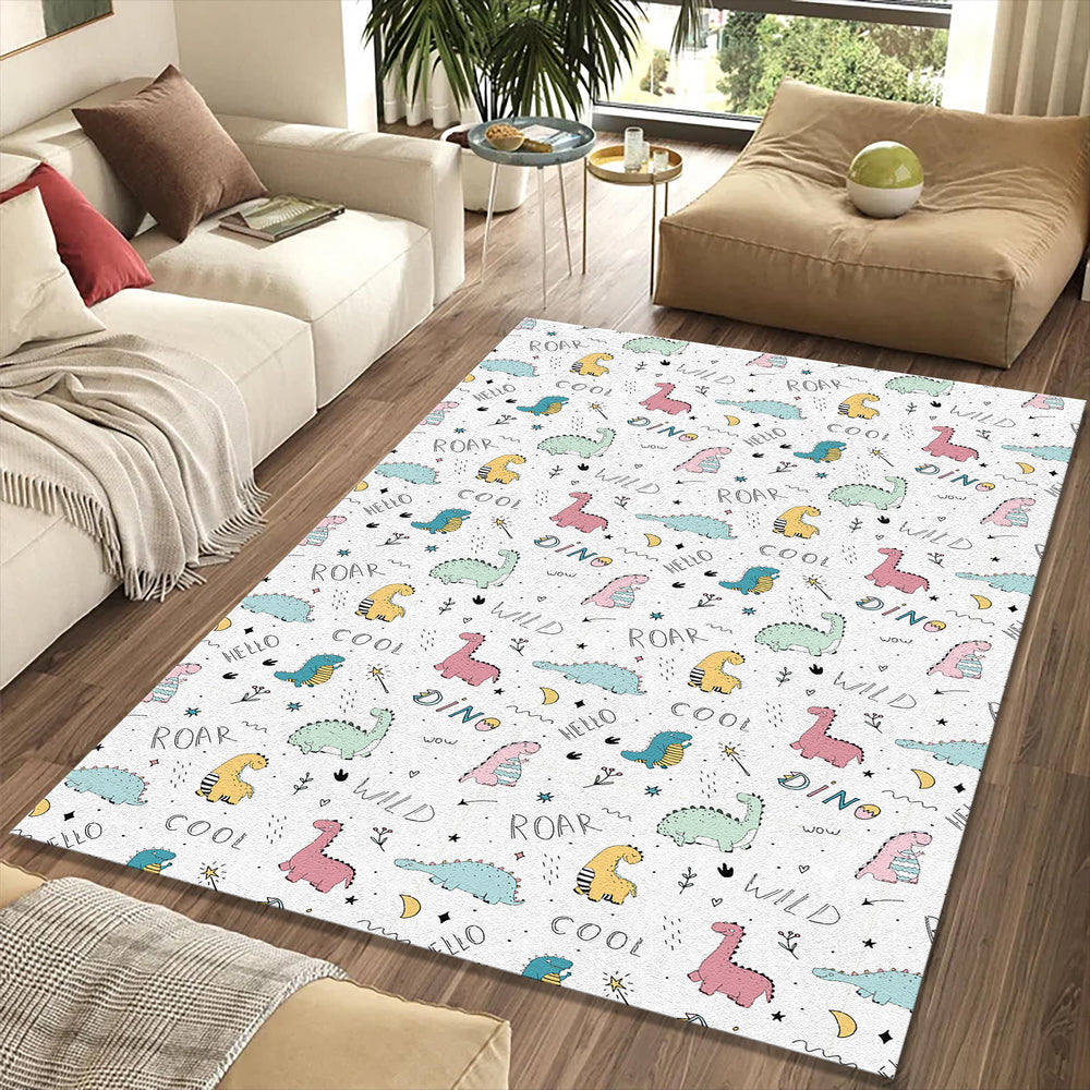 Cute Dinosaur Doodle Pattern Rug Pastel Pink Green Dino Kids