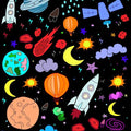 Colorful Space Doodle Pattern Rug Rocket Planets UFO Kids