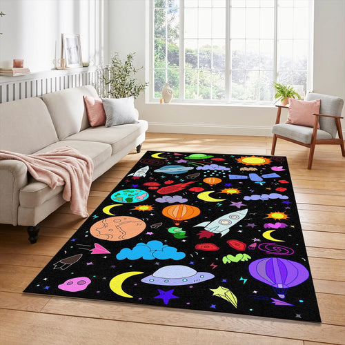 Colorful Space Doodle Pattern Rug Rocket Planets UFO Kids