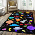 Colorful Space Doodle Pattern Rug Rocket Planets UFO Kids