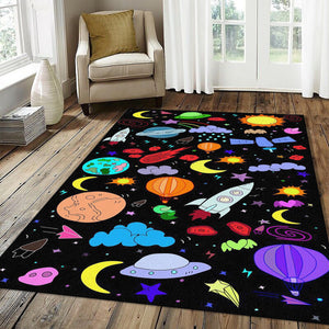 Colorful Space Doodle Pattern Rug Rocket Planets UFO Kids