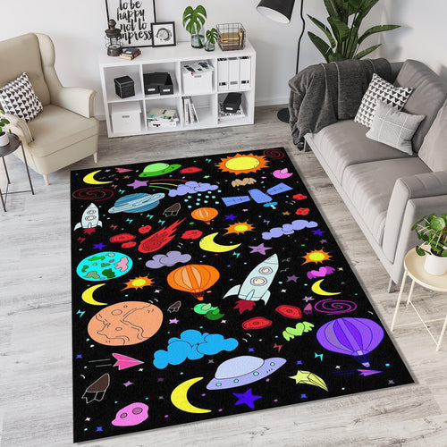 Colorful Space Doodle Pattern Rug Rocket Planets UFO Kids