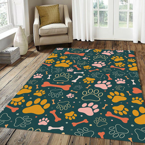 Dog Paw Print Pattern Rug Cute Pet Lover Bone Doodle Mat Deep