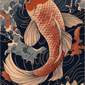 Japanese Koi Fish & Lotus Rug Oriental Navy Blue Tranquil Water