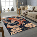 Japanese Koi Fish & Lotus Rug Oriental Navy Blue Tranquil Water