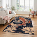 Japanese Koi Fish & Lotus Rug Oriental Navy Blue Tranquil Water