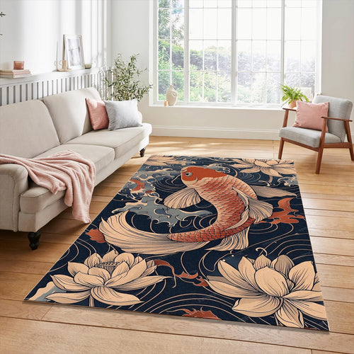 Japanese Koi Fish & Lotus Rug Oriental Navy Blue Tranquil Water