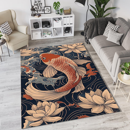 Japanese Koi Fish & Lotus Rug Oriental Navy Blue Tranquil Water