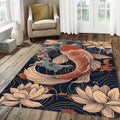 Japanese Koi Fish & Lotus Rug Oriental Navy Blue Tranquil Water