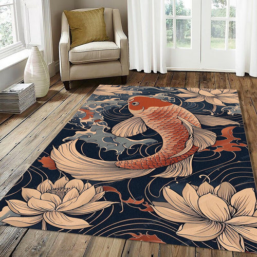 Japanese Koi Fish & Lotus Rug Oriental Navy Blue Tranquil Water