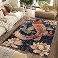 Japanese Koi Fish & Lotus Rug Oriental Navy Blue Tranquil Water