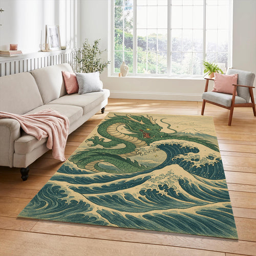 Japanese Dragon Great Wave Rug Ukiyo-e Green Dragon Mythological