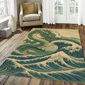 Japanese Dragon Great Wave Rug Ukiyo-e Green Dragon Mythological