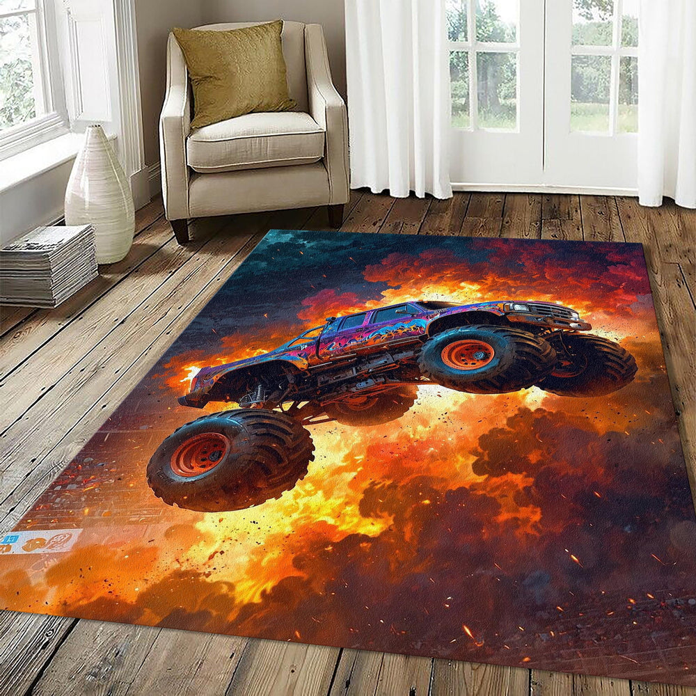Extreme Monster Truck Fire Jump Rug