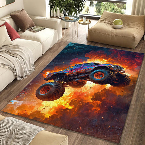 Extreme Monster Truck Fire Jump Rug