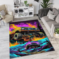 Neon Synthwave Monster Truck Rug Cyberpunk Off-Road Fire Jump Mat