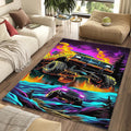 Neon Synthwave Monster Truck Rug Cyberpunk Off-Road Fire Jump Mat