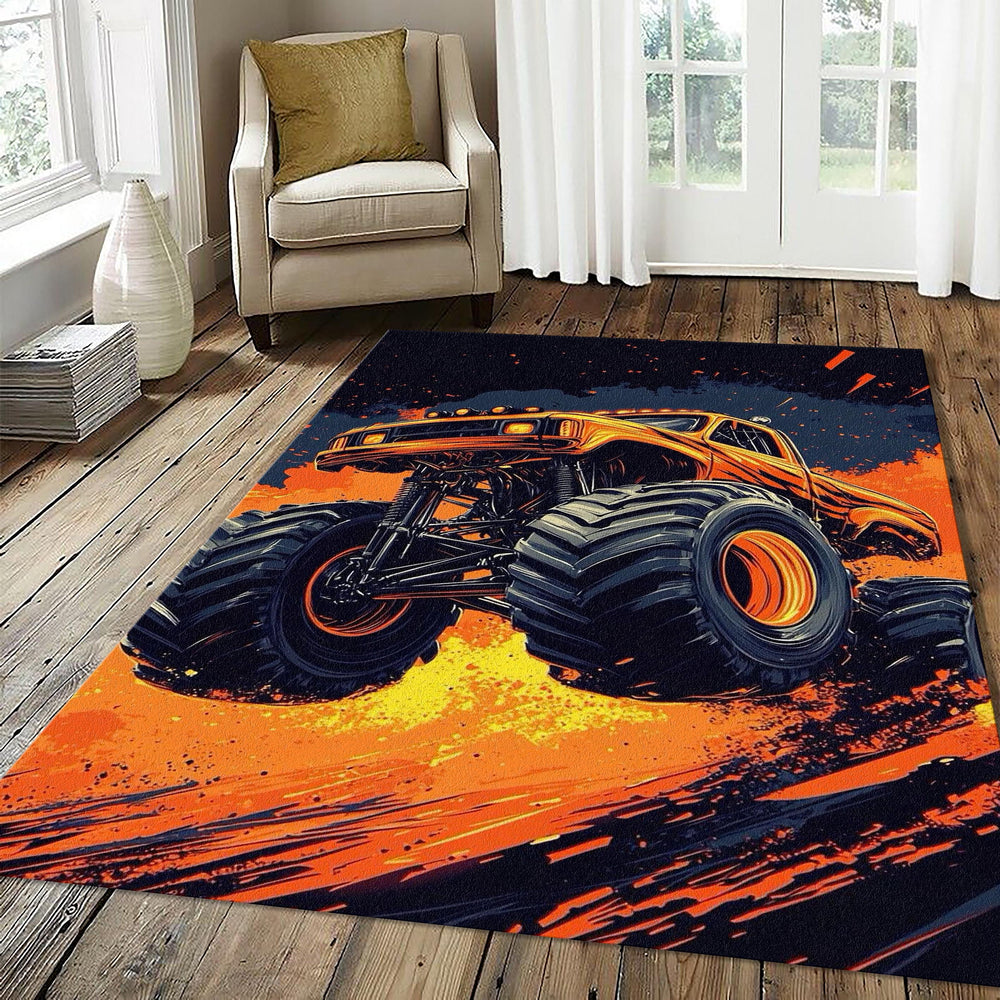 Fiery Orange Monster Truck Rug High Impact Graphic Big Tires Mat