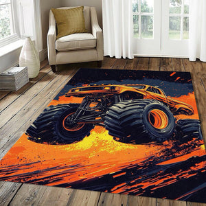 Fiery Orange Monster Truck Rug High Impact Graphic Big Tires Mat