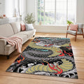 Japanese Irezumi Dragon Tattoo Rug Oriental Black & Olive Green