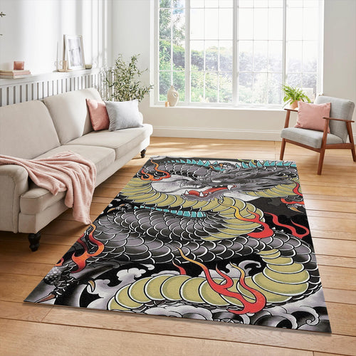 Japanese Irezumi Dragon Tattoo Rug Oriental Black & Olive Green